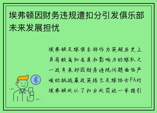 埃弗顿因财务违规遭扣分引发俱乐部未来发展担忧